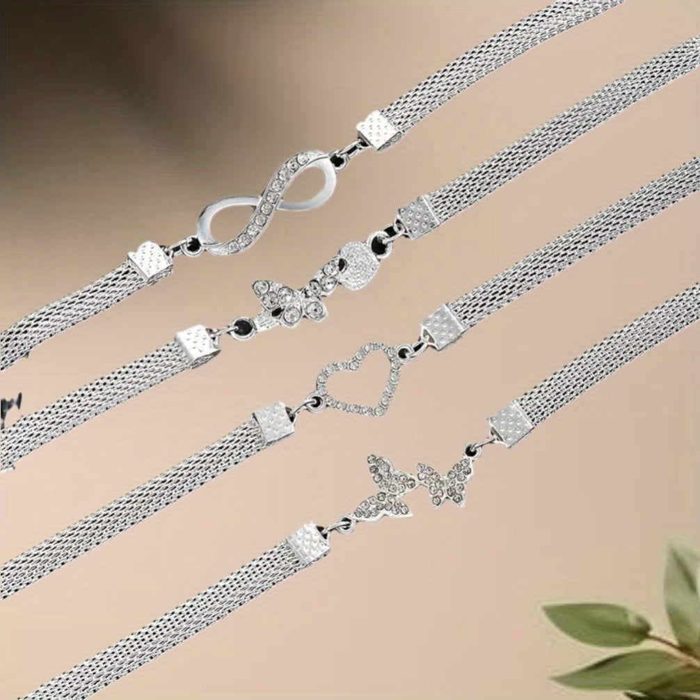 Set of 4- Elegant And Shiny Stackable Ankle Chains, Synthetic Zirconia Ankle Chains Plated with Butterflies And Hearts, Multifunctional Daily Jewelry Gifts